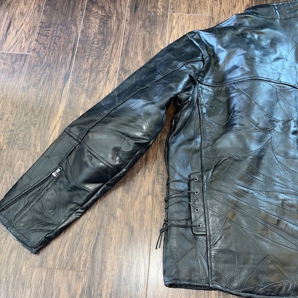 NWT Diamond Plate Buffalo Leather Biker Moto Jacket Black Patchwork - Picture 11 of 13